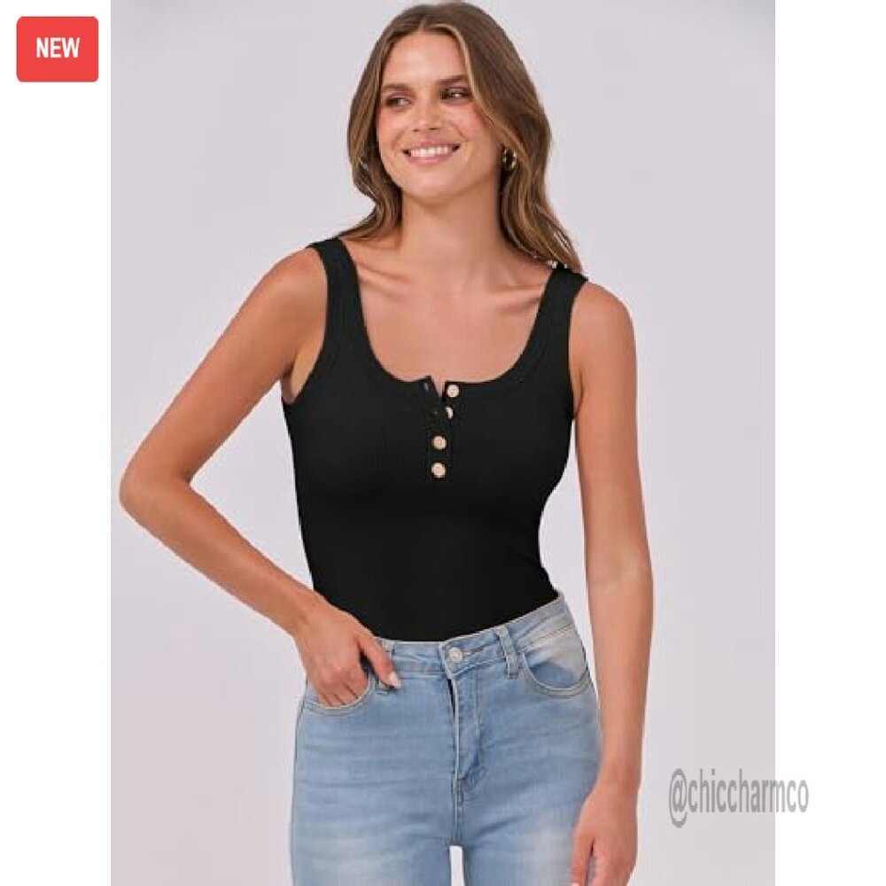 Ribbed Henley Tank Top Slim Fit Sleeveless Cami Button Up Workout Casual - Picture 5 of 8